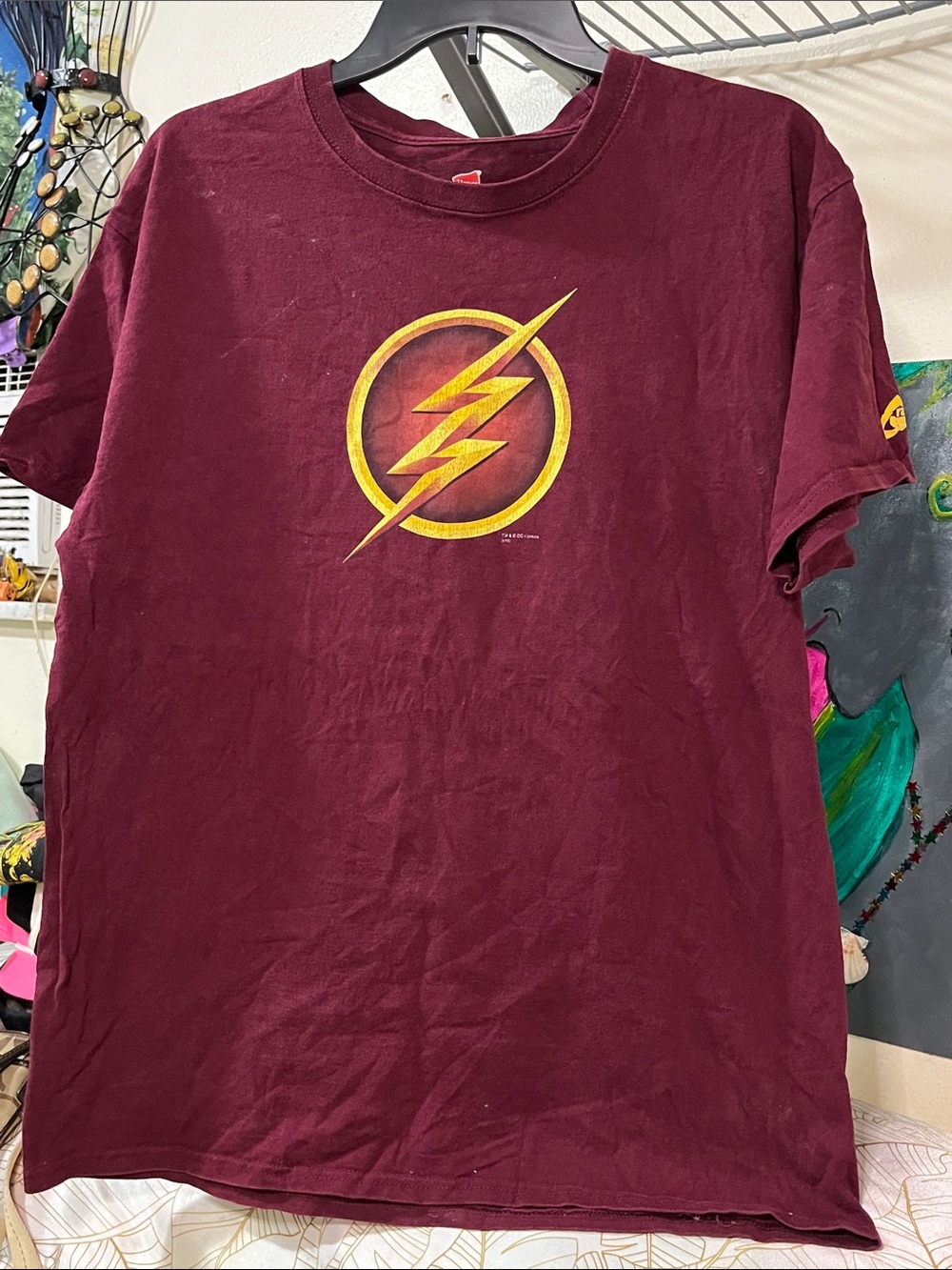 DC Comics Maroon Short Sleeve Tee with Yellow Lightning Logo